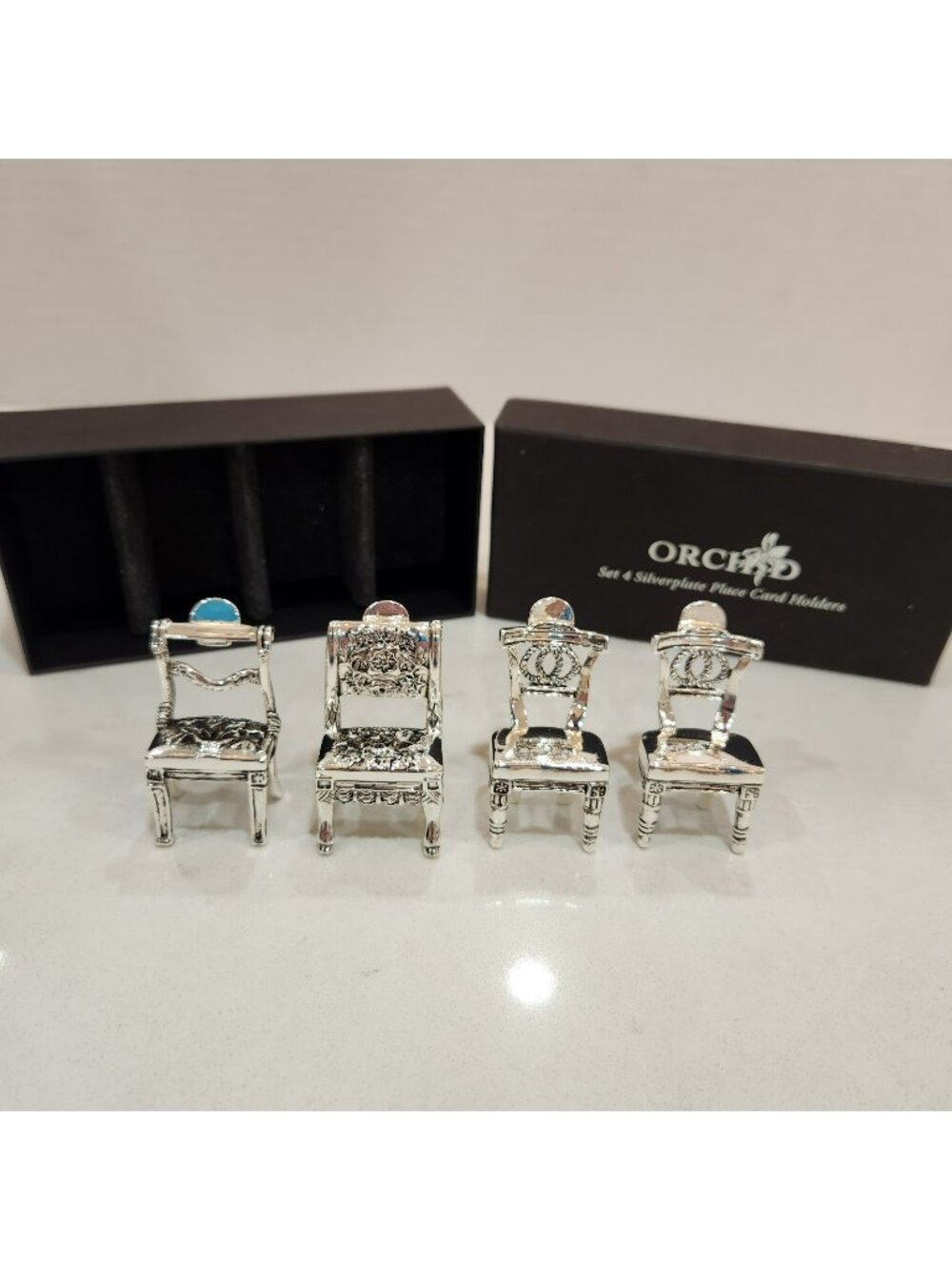 Orchid Set of 4 Silverplate Miniature Chair Place Card Holders Boxed Vintage Sty